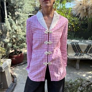 Ciao Lucia Anja Gingham Jacket Frog Closure Pink White Collar Linen S